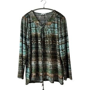 Notations Women’s Green Abstract Tunic Long Sleeve V Neck Multi colored Sz XL